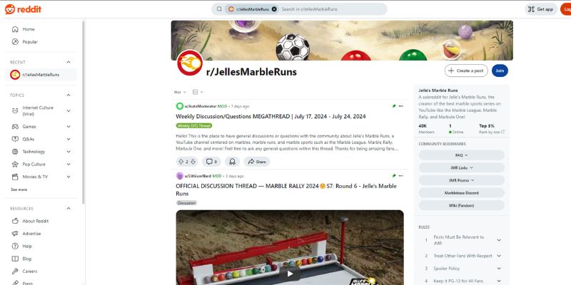 An image of The Jelle's Marble Runs subreddit is among the most famous marble racing communities.